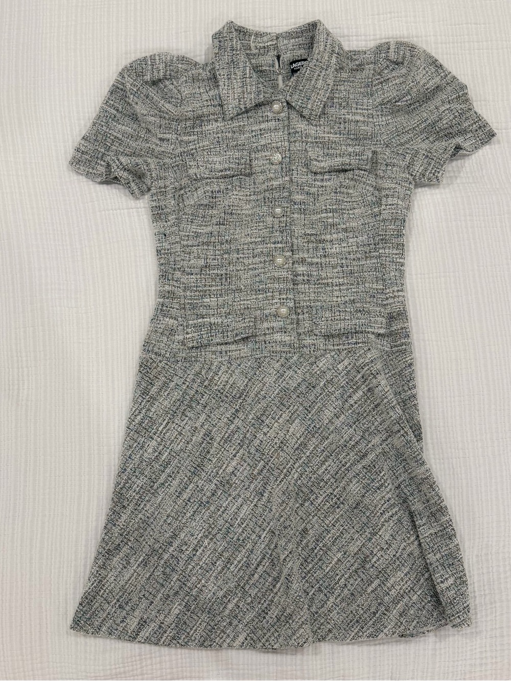 karl lagerfeld tweed pearl button mini dress